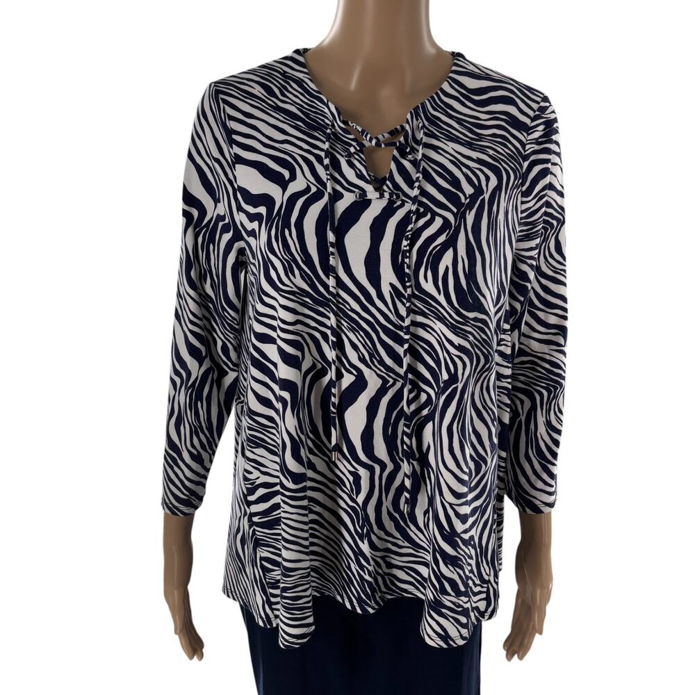 Jude Connally Lace Up Tie Neck Blue Zebra Striped White Top